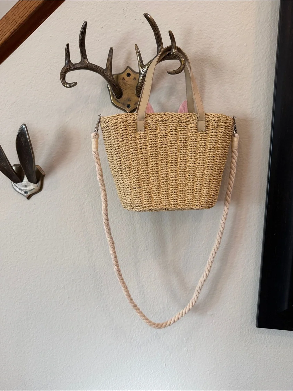 Hanna Andersson Straw Bunny Tote with Pink Ears and Beige Handles
